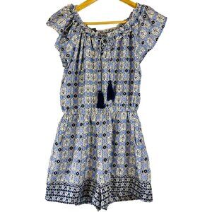 Lavender & White Patterned Romper with Tassel Tie – Size 8